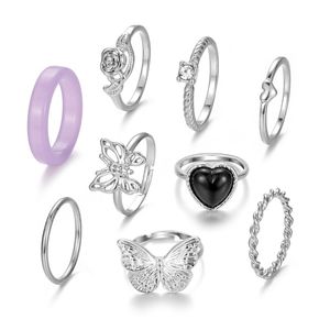 Gothique argent couleur métal cristal résine anneau ensemble pour femmes papillon fleur coeur grande taille anneau mode bijoux cadeaux
