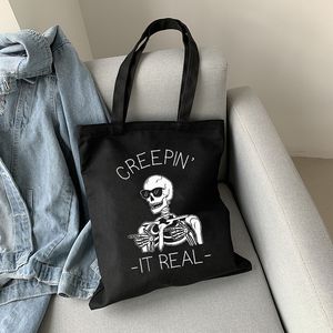 Bolso de lona con estampado de letras de calavera gótica, bolso femenino de dibujos animados, bolso de compras oscuro informal Harajuku, bolso de hombro de gran capacidad