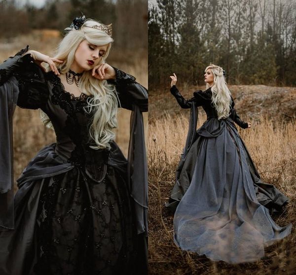 Gótico Bella Durmiente Princesa Medieval Negro Vestido de fiesta Vestidos de novia Manga larga Apliques de encaje Vintage Victorian Masquerade Vestido de novia