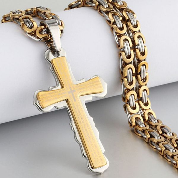 Colliers gothiques avec pendentifs en croix de la Bible espagnole, en or jaune 14 carats, chaîne Crucifix à maillons byzantins, bijoux pour hommes, cadeaux pour garçons
