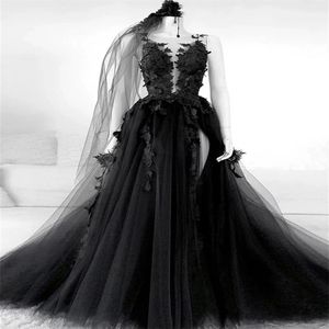 Style gothique noir dentelle robes de mariée fleur Appliques Tulle une ligne Sexy dos nu Vintage Design 2021 robes de mariée, plus la taille205S