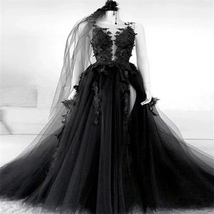 Style gothique noir dentelle robes de mariée fleur appliques tulle une ligne sexy dos nu vintage design 2021 robes de mariée plus la taille2660