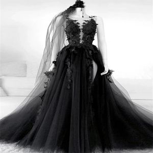 Style gothique noir dentelle robes de mariée fleur appliques tulle une ligne sexy dos nu vintage design 2021 robes de mariée plus la taille237p