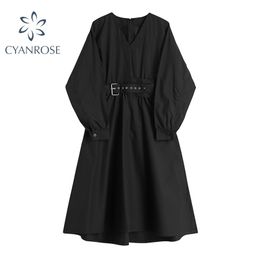 Gotische stijl zwarte lange jurk vrouwen herfst japanse harajuku mouw met riem streetwear cosplay vintage goth 210515