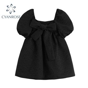 Gotische stijl zwarte korte mouw jurk vrouwen zomer elegante vintage vierkante kraag bladerdeeg hoge taille vrouwelijke jurken 210515