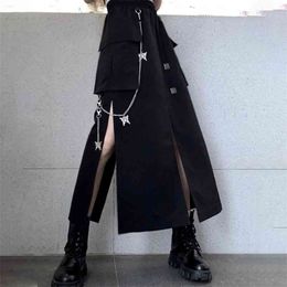 Estilo gótico Black Split Falda midi de mujer Cintura alta A-Line Faldas largas casuales Mujer Primavera Streetwear Ropa de dama 210621