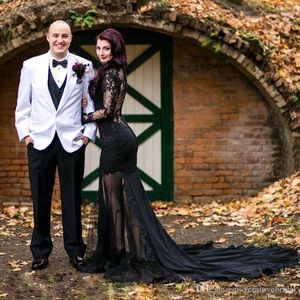 Robe de mariée noire de style gothique, transparente, manches longues, avec des appliques faites à la main, en dentelle, sirène, robes de mariée, taille personnalisée, 2022
