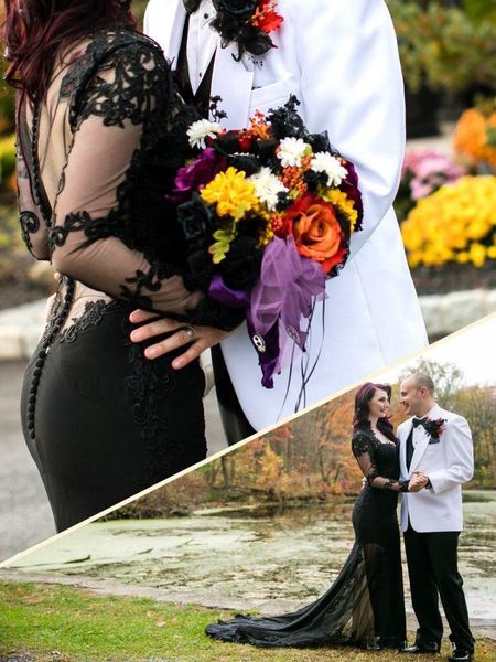 Robe de mariée noire de style gothique voir à travers des manches longues à la main Appliques dentelle robes de mariée sirène 2018 robes de mariée taille personnalisée