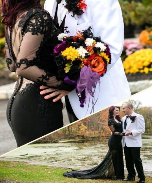 Robe de mariée noire de style gothique voir à travers des manches longues à la main Appliques en dentelle robes de mariée sirène 2018 robes de mariée personnalisées Si5067668