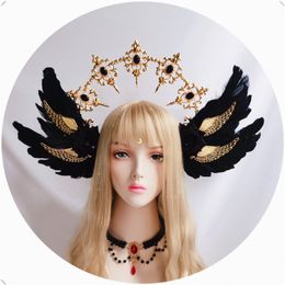 Style gothique Lolita noir Rose diable plumes ailes déesse soleil Halo couronne bandeau magnifique Vintage Mary Baroque diadème chapeaux