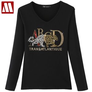 Gothic Style Women Clothes Hot Drill Letters T Shirts Tshirt Female Diamond T-shirt Casual Tops Tees Full Sleeve Rhinestone Lady 210401