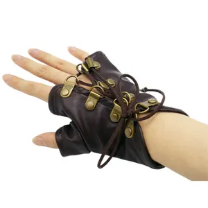 Gothic Unisexe Cosplay Gants ajusté Punk Lolita Cosplay Gloves en cuir Pu Vintage Bandage Steampunk Half Finger Gants