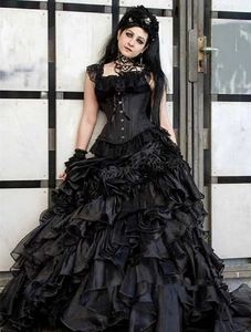 Gothique victorien Noir Robes De Mariée À Plusieurs Niveaux Longues Robes De Mariée Sans Manches Bretelles Corset Jupe Bouffante Vintage Robe De Novia