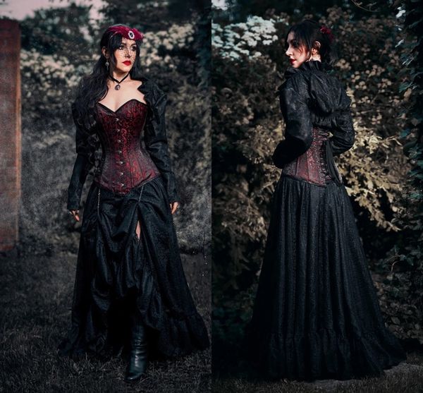 Gothique victorien dentelle robes de bal avec veste à manches longues chérie bordeaux et noir corset haut cosplay costume robe de soirée