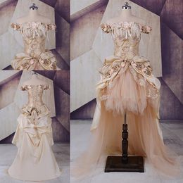 Robes de mariée gothiques haut bas 2020 asymétrique sur l'épaule Champagne Tulle dentelle appliques cristal strass avec manches 280Y