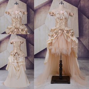 Robes de mariée gothiques haut bas 2020 asymétrique épaule dénudée champagne tulle dentelle appliques cristal strass avec manches 211h