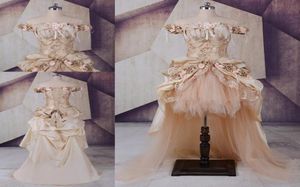 Robes de mariée gothiques haut bas 2020 asymétrique épaules dénudées champagne tulle dentelle appliques cristal strass avec manches 1776512
