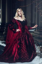 Gótico Invierno Medieval Medieval Red y Black Renaissance Fantasy Vampiros Victorianos Vestidos de novia de campo con mangas largas con capa