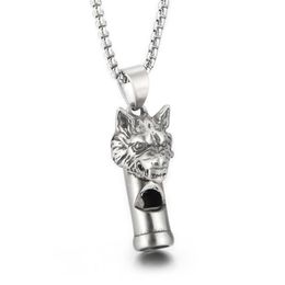 Gothic Wolf Head Whistle Necklace Pendant gieten roestvrijstalen Rolo -keten sieraden voor herenjongens koele geschenken zilver gepolijste blin314c