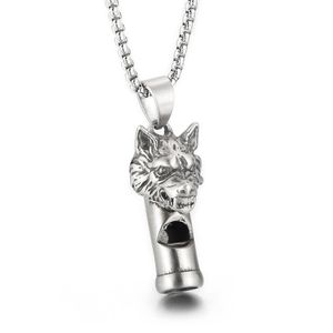 Gothique Loup Tête Sifflet Collier Pendentif Coulée En Acier Inoxydable Rolo Chaîne Bijoux Pour Hommes Garçons Cool Cadeaux Argent Poli Bling 3mm 24 Pouces