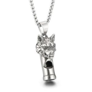 Collier de sifflet Gothic Wolf Head Castant Castant en acier inoxydable Bijoux de chaîne de rolo pour hommes cadeaux Cool Gifts Silver Polished Bling 3mm 336n