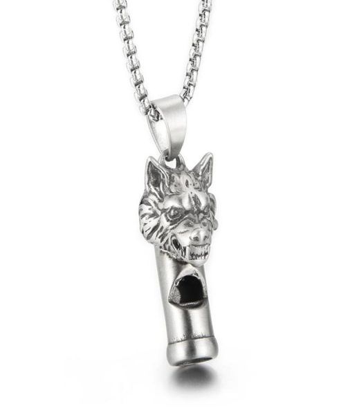 Collier de sifflet Gothic Wolf Head Castant Castant en acier inoxydable Bijoux de chaîne de rolo pour hommes Cadeaux cool garçons 3 mm 24 pouces7964031