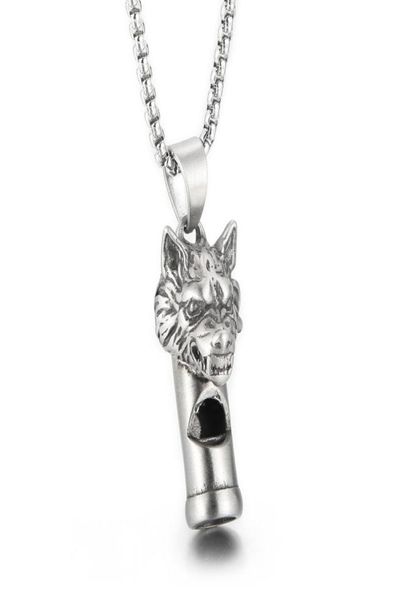 Collier de sifflet Gothic Wolf Head Castant Castant en acier inoxydable Bijoux de chaîne de rolo pour hommes Cadeaux cool garçons 3 mm 24 pouces9335191