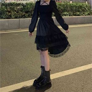 Gothic Vrouwen Zwarte Fee Feestjurk Kruis Vierkante Kraag Lolita Prinses Onregelmatige Leuke Kawaii Kanten Ruches Chic 210623