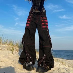 Calças cargo góticas femininas punk, largas, retas, pernas, grunge, hippie, calças largas, y2k, roupas escuras acadêmicas, streetwear 240108