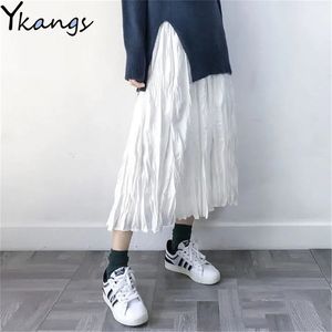 Jupe plissée noire froissée gothique femmes style coréen décontracté taille haute a-ligne jupes longues blanc midi Falda Plisada Streetwear 210421