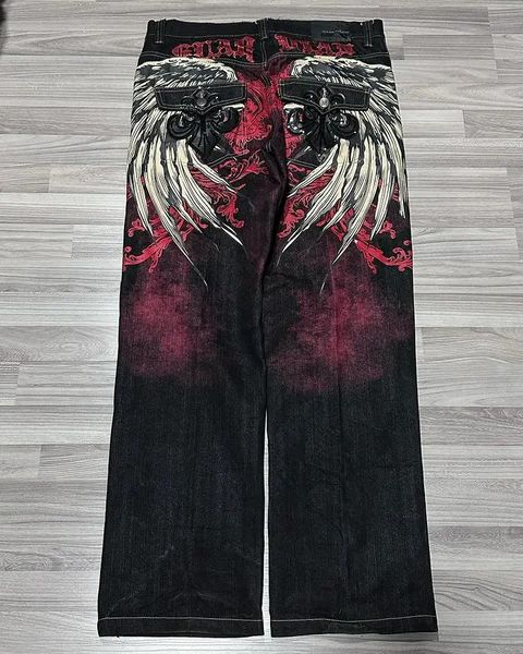 Pantalones vaqueros holgados góticos Y2 para hombre, pantalones vaqueros negros con patrón de alas de gran tamaño, pantalones de pierna ancha estilo Hip Hop Harajuku, ropa de calle 240115