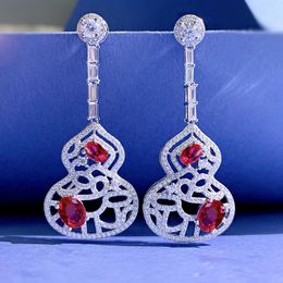 Gourd Ruby Diamond Dangle Earring 100% Real 925 sterling silver Pendientes de gota de boda para mujer Promise Engagement Jewelry Gift
