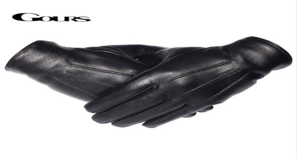 Gours Men039s gants en cuir véritable peau de mouton véritable noir écran tactile gants bouton marque de mode hiver chaud mitaines nouveau GSM06132990