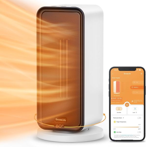 GoveeLife Chauffage électrique intelligent à faible consommation d'énergie, chauffage portable avec thermostat, télécommande vocale via application, minuterie 24 heures, oscillation à 80 °, protection contre la surchauffe et le renversement