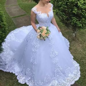 Jurk bal trouwjurken illusie bodice witte vintage kanten appliques bruidsjurken v nek backless voor kerk op maat gemaakte vestido de noiva s estido s estido