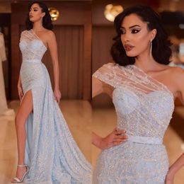 Jurk blauwe elegante kralen sweetheart avond licht feest prom jurken spleet formele lange jurk voor speciale ocn