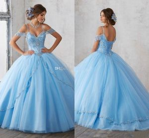 Robe robe lumière ciel bleu ballon quinceanera robe capuchon manches manches spaghetti perles cristal princesse princesse