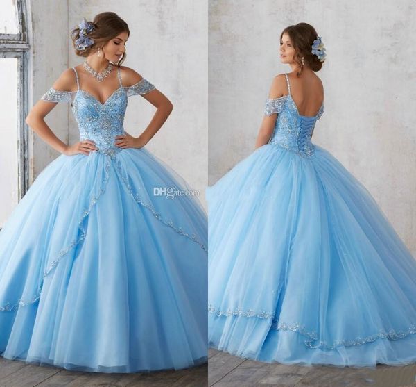 Vestido vestido claro cielo azul bola quinceañera vestido casquillo mangas espaguetis abalorios cristal princesa princesa fiesta de fiesta