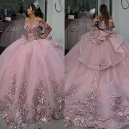 Jurk jurken prom ball elegante prinses roze off -schouderbloem Appliques vestido de quinceanera sweep trein tule zoet 15 maskerade jurk