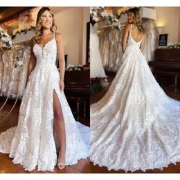 Robe magnifique robes de mariée spaghetti bretelles de dentelle sans manche en poulle