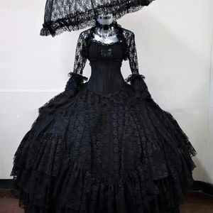 Jurk Gothic Zwarte Bal Trouwjurken Kanten Korset Victoriaanse Bruidsjurken met Lange Mouwen Wikkelen Vloerlengte Vintage Dames Maskerade Jurk