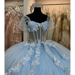 Robe longue balle princesse quinceanera robe ciel bleu papillon à l'épaule avec grand arc en tulle corset sweet pageant pageant
