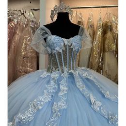 Jurk Lange Bal Prinses Quinceanera Jurken Hemelsblauw Vlinder Off-shoulder met Grote Strik Tule Korset Sweet 15 Party Pageant Draagt