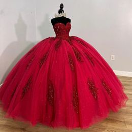 Robe rouge chérie boule Quinceanera robes pour filles perlées robes de fête d'anniversaire à lacets dos remise des diplômes s