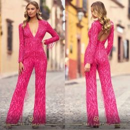 Jurk rooskleurige jumpsuits v crystal avond roze nek pailletten parels feest prom pantsspuit vloer lengte formele long jumpsuit voor speciale ocn