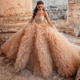 Jurk trouwjurken schouder een bal elegante lange mouwen pailletten parels Organza bodice bruidsjurken chic dubai op maat gemaakte vestidos de novia s