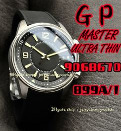 GP JL Watch Luxury Men's Discovery Magazine, 9068671 Boîtier en acier fin avec bracelet en caoutchouc naturel, cadran noir, mouvement mécanique automatique 899A/1, 42mm.