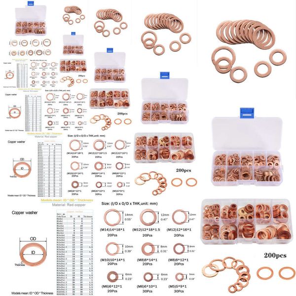 GPS GPS 200 PCS NUTA DE COBERA DE COPRA Y Tuerca de perno El kit de surtido de sello de anillo plano con caja M5/M6/M8/M10/M12/M14 para enchufes de sumidero GPS GPS