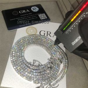 GRA Hip Hop Sieraden 2.0mm-6.5mm VVS Moissanite mossinate Tennis Chain Diamond 925 Zilver Goud Iced Out plated Kettingen