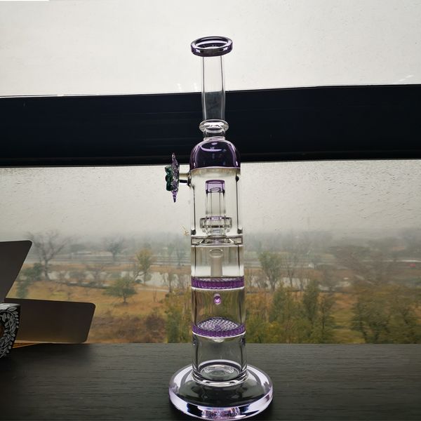 Angel Eyes Glass doble panal perc bong 13.7 '' pipa de agua 14.4 mm tamaño de junta color púrpura cachimbas